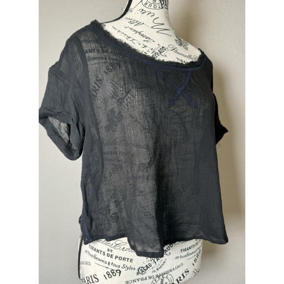We The Free Women’s Short Sleeve Frayed Black Semi Sheer Shirt Top Oversized XS - Picture 2 of 13